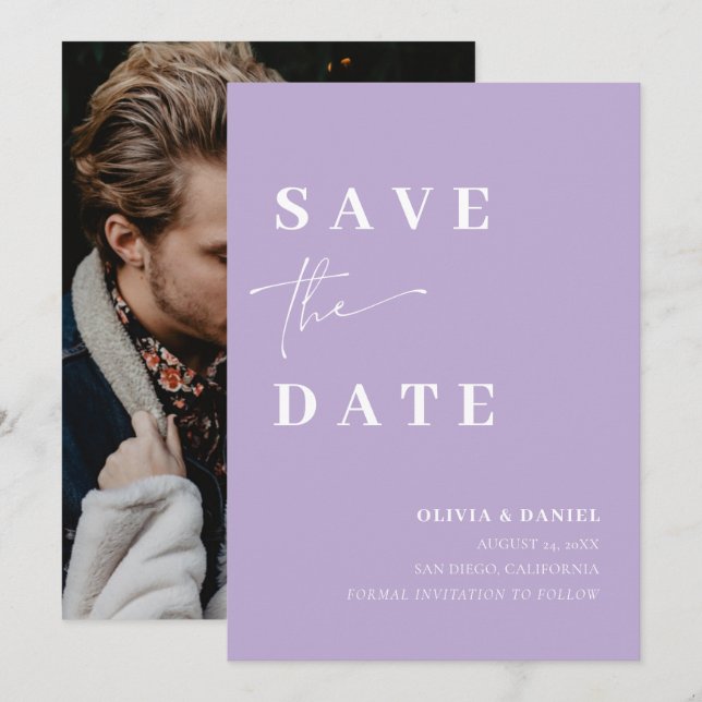 Minimalist Elegant Dusty Lilac Photo Save the Date Invitation (Front/Back)