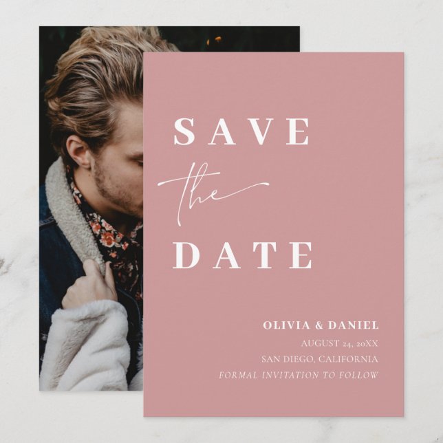 Minimalist Elegant Dusty Pink Photo Save the Date Invitation (Front/Back)