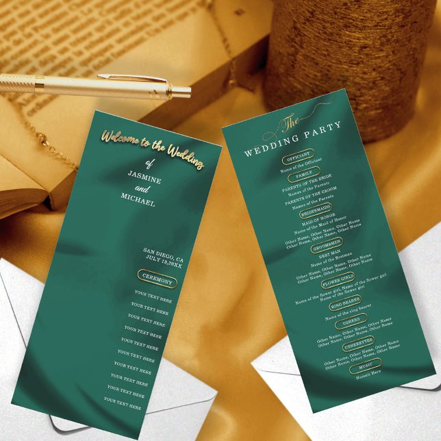 Minimalist Elegant Emerald & Gold Wedding Program  (Creator Uploaded)