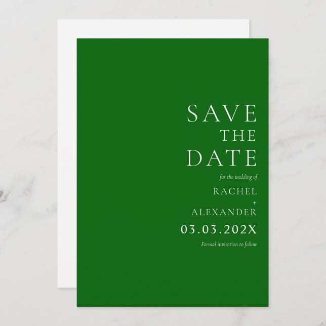 Minimalist Elegant Emerald Green  Save The Date (Front/Back)