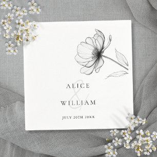 Minimalist Elegant Floral Black And White Wedding Napkins