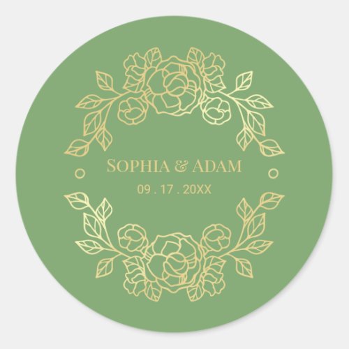 Minimalist Elegant Floral Green And Golden Color  Classic Round Sticker
