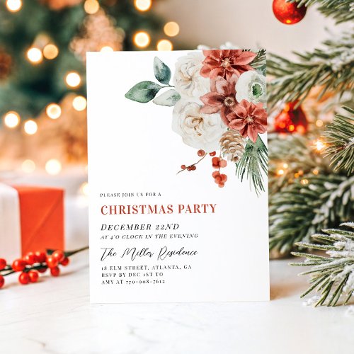 Minimalist Elegant Floral Greenery Christmas Party Invitation