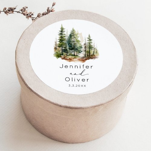 Minimalist elegant forest rustic wedding classic round sticker