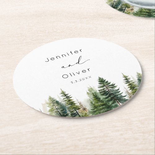 Minimalist elegant forest rustic wedding round paper coaster