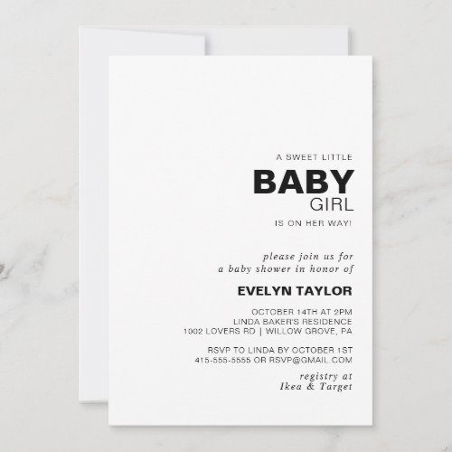 Minimalist Elegant Formal Baby Girl shower  Invitation