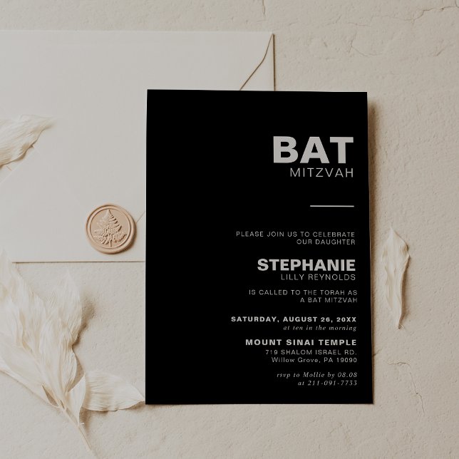 Minimalist Elegant Formal Black Bat Mitzvah   Invitation (Creator Uploaded)