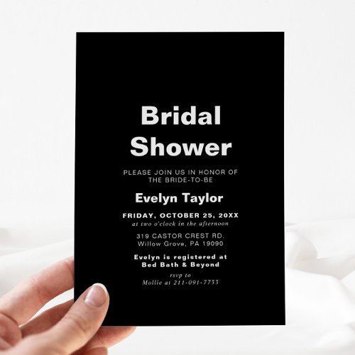 Minimalist Elegant Formal Black Bridal shower  Invitation