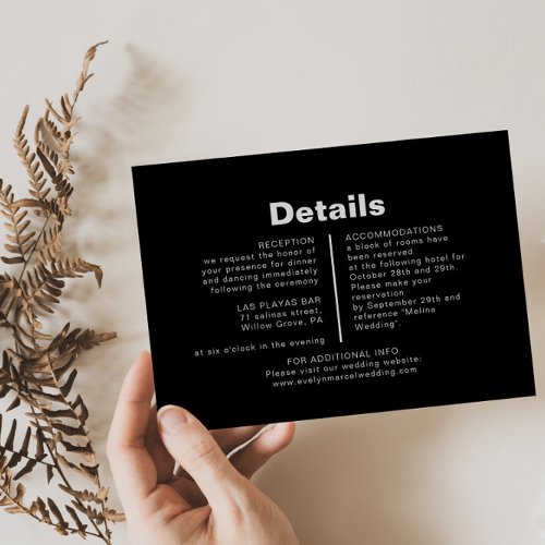 Minimalist Elegant Formal Black Wedding Details  Enclosure Card