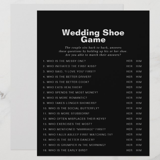 Minimalist Elegant Formal Black Wedding Shoe Game (Front/Back)