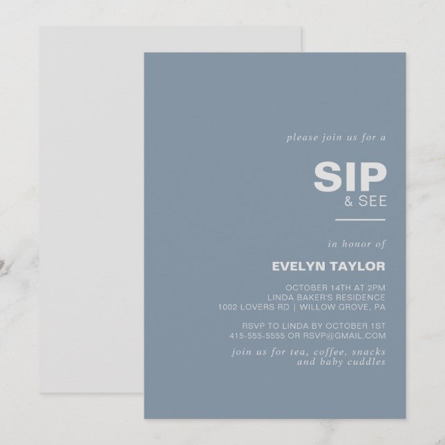 Minimalist Elegant Formal Blue Sip and See  Invitation (Front/Back)