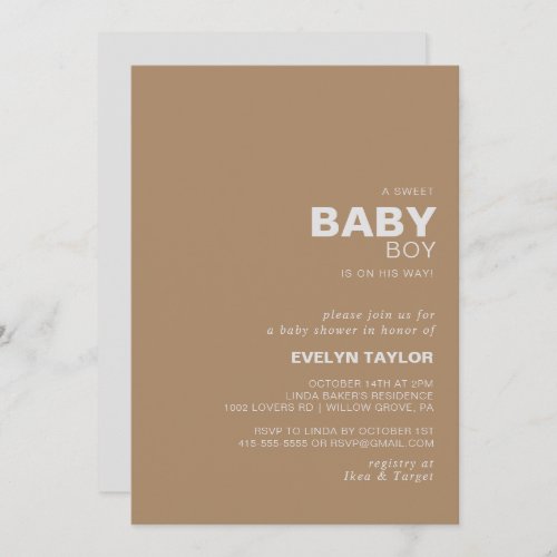 Minimalist Elegant Formal Brown Baby Boy shower  Invitation