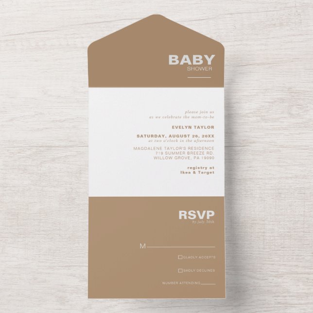 Minimalist Elegant Formal Brown Baby Shower  All In One Invitation (Inside)