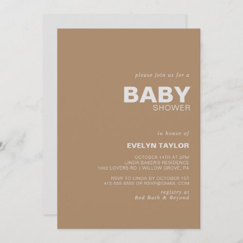 Minimalist Elegant Formal Brown Baby Shower   Invitation