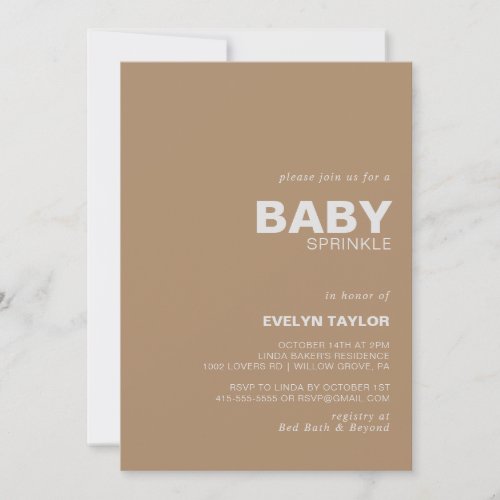 Minimalist Elegant Formal Brown Baby Sprinkle    Invitation