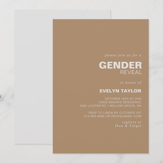 Minimalist Elegant Formal Brown Gender Reveal   Invitation (Front/Back)