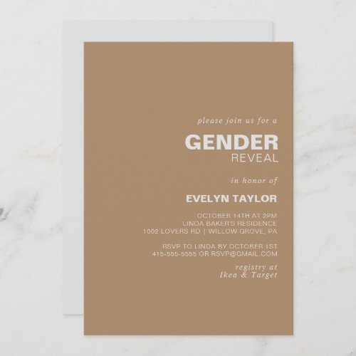 Minimalist Elegant Formal Brown Gender Reveal   Invitation