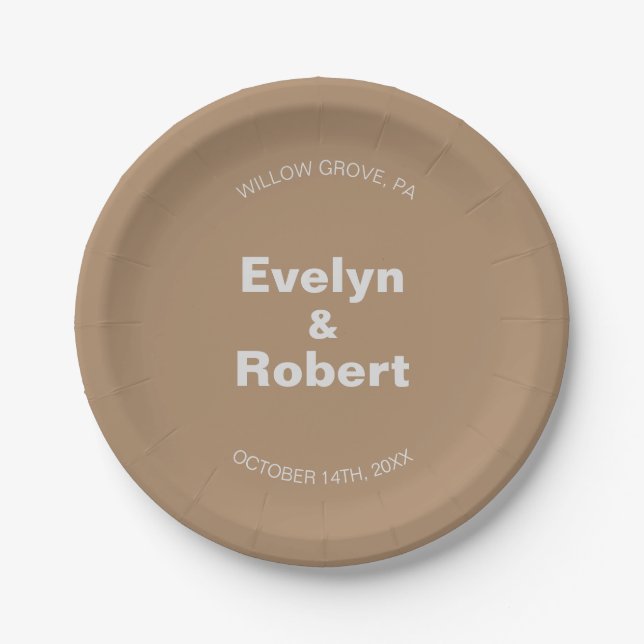 Minimalist Elegant Formal Brown Wedding  Paper Plates (Front)