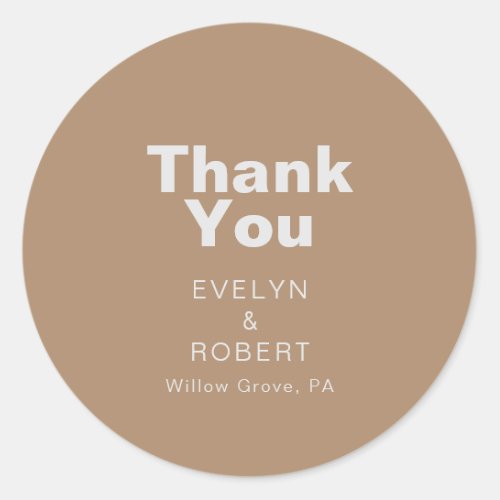 Minimalist Elegant Formal Brown Wedding Thank You  Classic Round Sticker