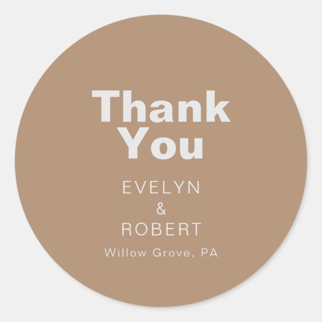 Minimalist Elegant Formal Brown Wedding Thank You  Classic Round Sticker (Front)
