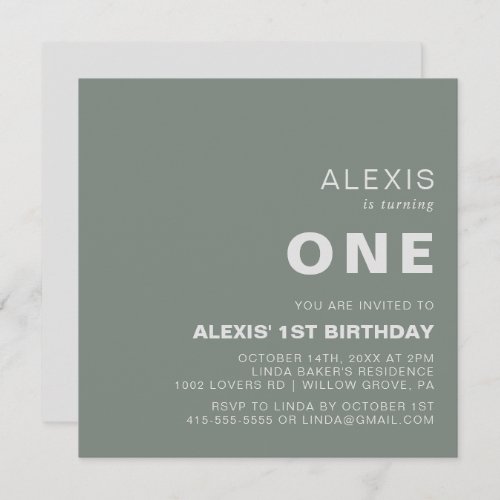 Minimalist Elegant Formal Green 1st Birthday Party Invitation