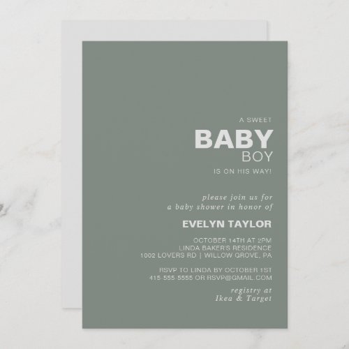 Minimalist Elegant Formal Green Baby Boy shower  Invitation