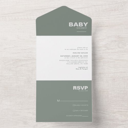 Minimalist Elegant Formal Green Baby Shower   All In One Invitation