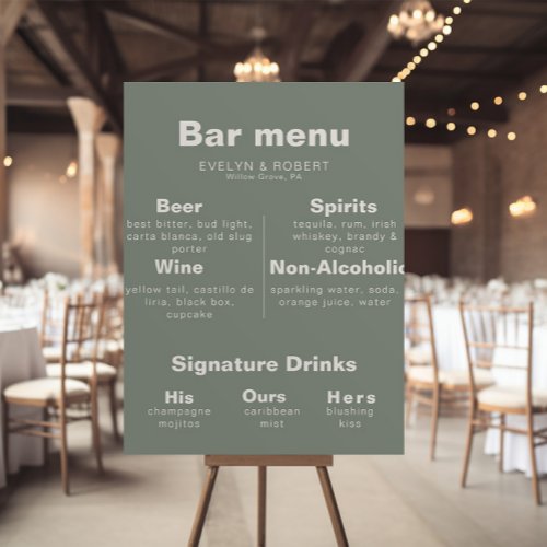 Minimalist Elegant Formal Green Wedding Bar Menu   Poster