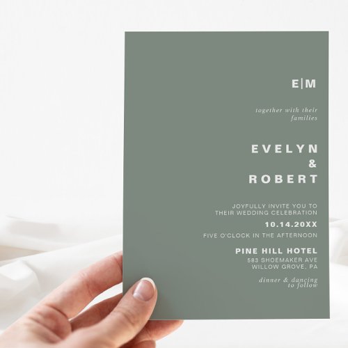 Minimalist Elegant Formal Initial Green Wedding  Invitation
