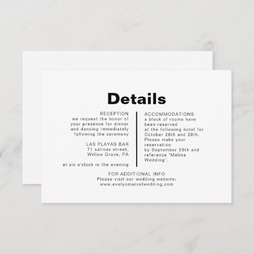 Minimalist Elegant Formal Wedding Details   Enclosure Card