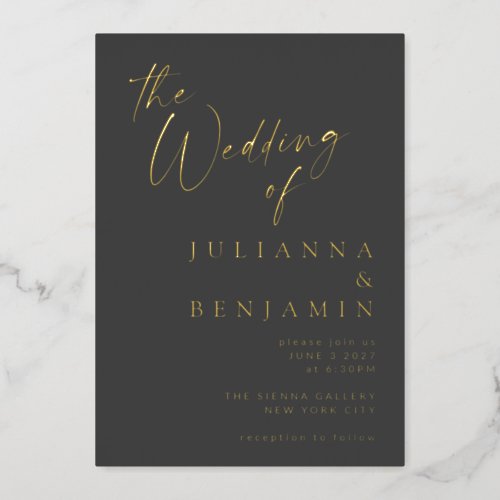 Minimalist Elegant Gold Black Script Chic Wedding Foil Invitation