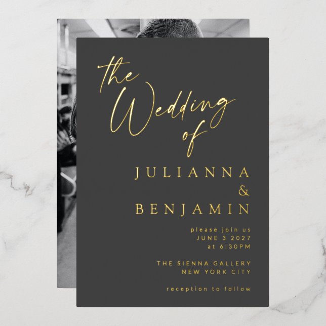 Minimalist Elegant Gold Black Script Photo Wedding Foil Invitation (Front/Back)