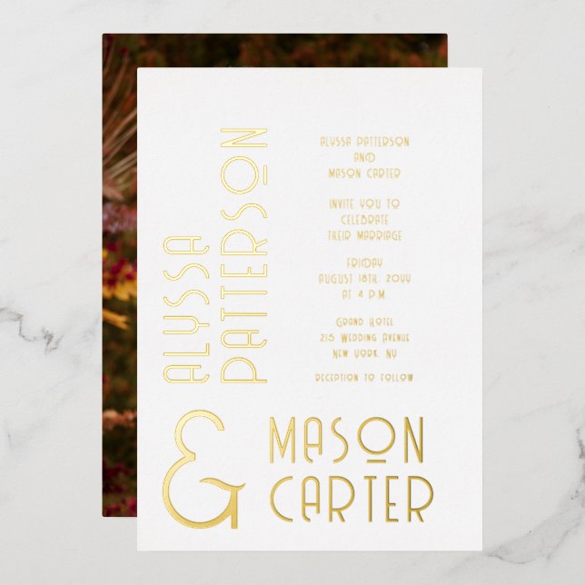 Minimalist Elegant Gold Modern Photo Wedding Foil Invitation (Front/Back)