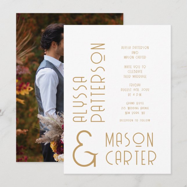 Minimalist Elegant Gold Modern Photo Wedding Invitation (Front/Back)