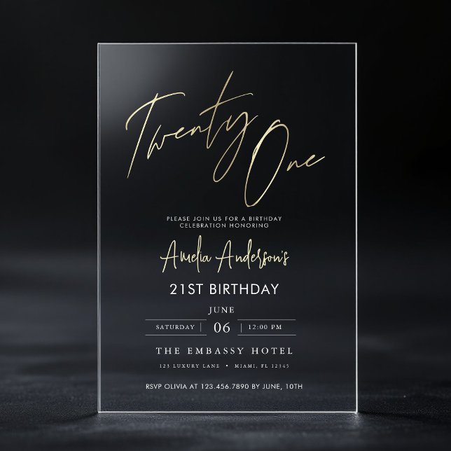 Minimalist Elegant Gold Script 21st Birthday Acrylic Invitations (Creator Uploaded)
