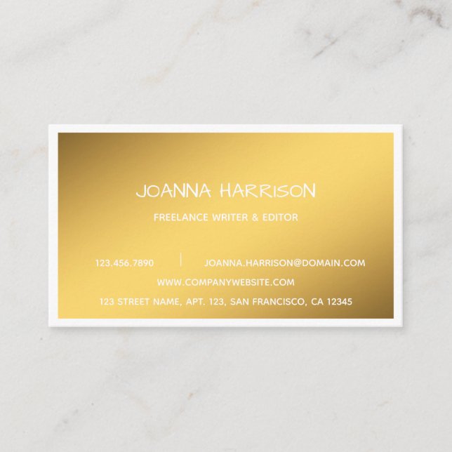 Minimalist Elegant Gold White Edge Writer Editor Business Card (Front)