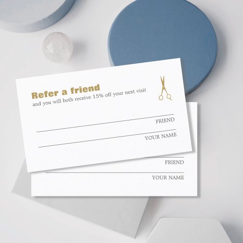 Minimalist Elegant Gold White Refer a Friend Card