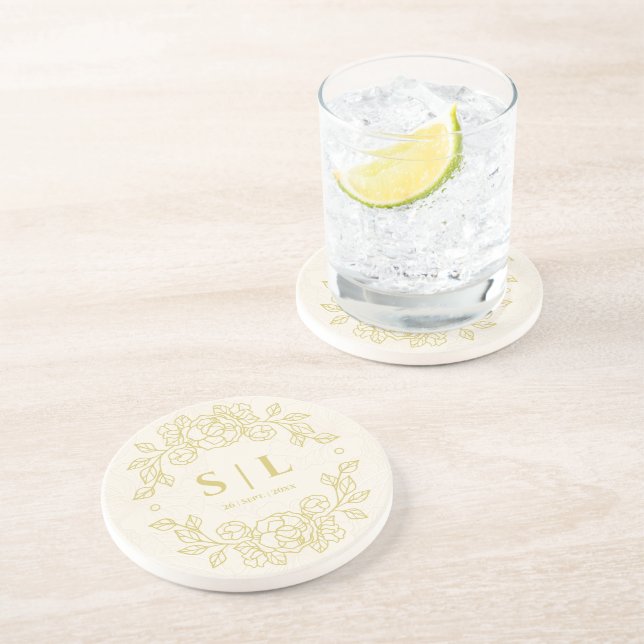 Minimalist Elegant Golden Outline Floral Wedding Coaster (Side)