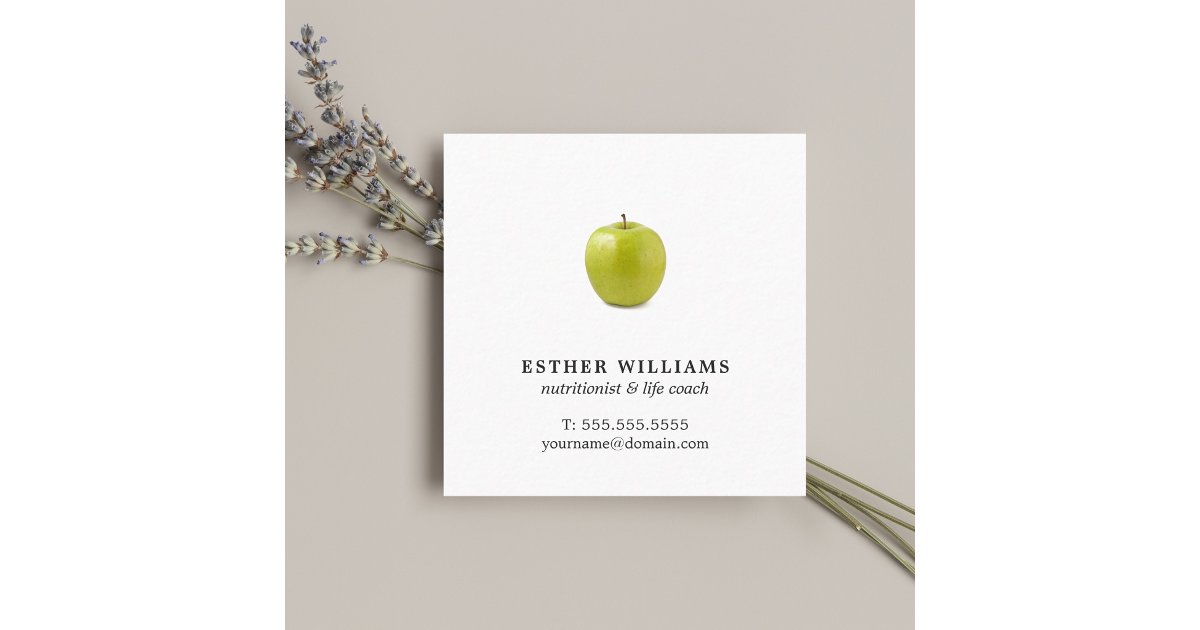 Minimalist Elegant Green Apple Nutritionist Square Business Card | Zazzle