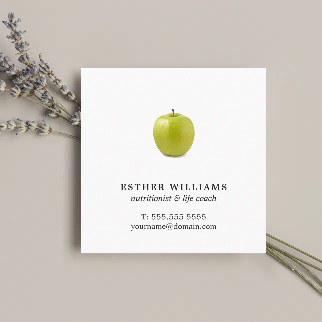 Minimalist Elegant Green Apple Nutritionist Square Business Card | Zazzle
