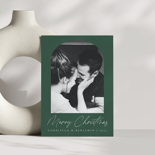 Minimalist Elegant Green Arch Photo Christmas Holiday Card