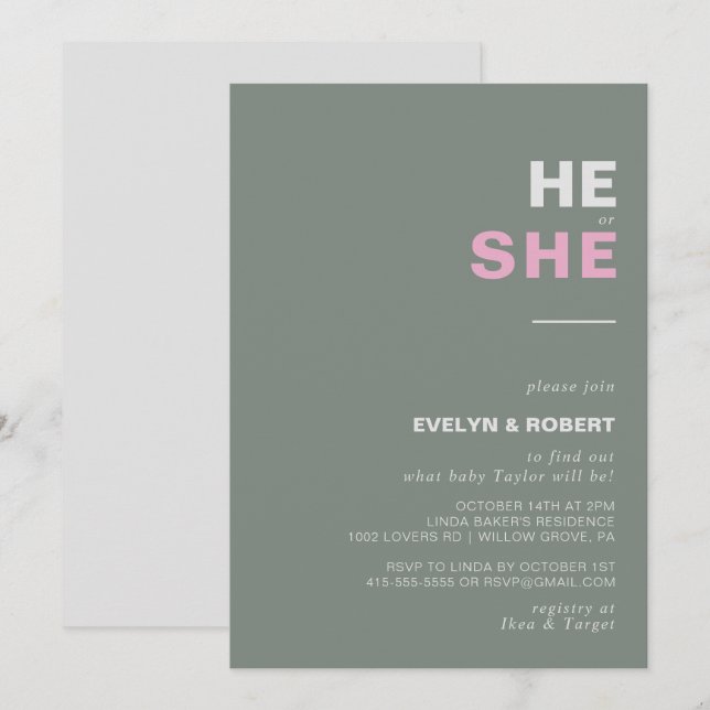 Minimalist Elegant Green He or She Gender Reveal  Invitation (Front/Back)