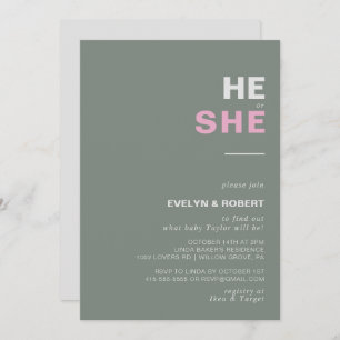 Minimalist Elegant Green He or She Gender Reveal Invitation