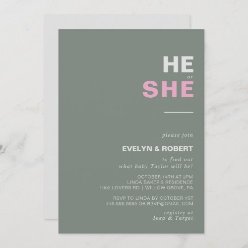 Minimalist Elegant Green He or She Gender Reveal  Invitation