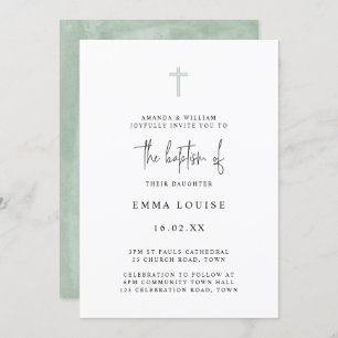 Minimalist Elegant Green Watercolor Photo Baptism Invitation