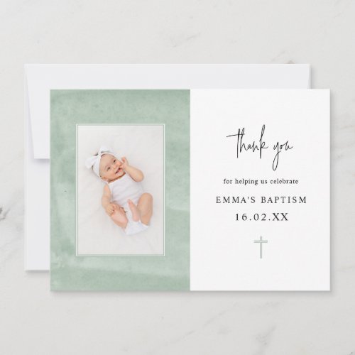 Minimalist Elegant Green Watercolor Photo Baptism  Thank You Card