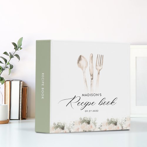 Minimalist Elegant Greenery Utensils Recipe Book 3 Ring Binder