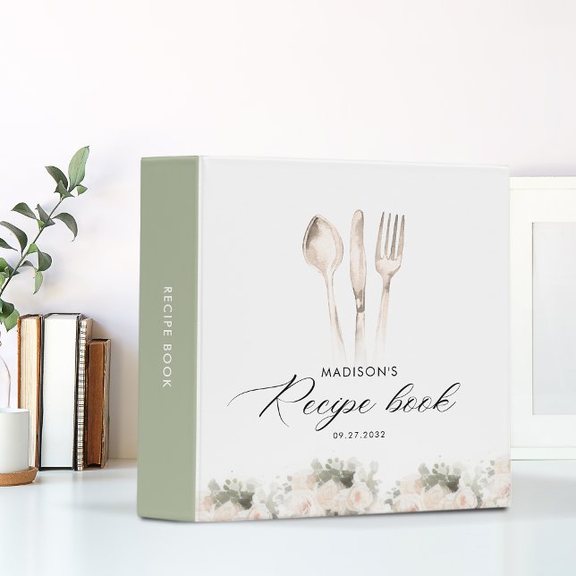 Minimalist Elegant Greenery Utensils Recipe Book 3 Ring Binder (Creator Uploaded)