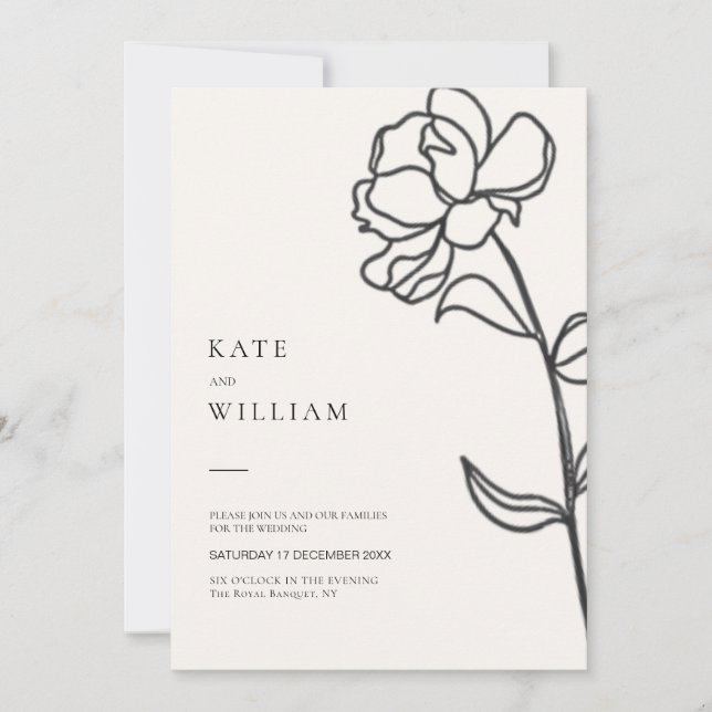 Minimalist Elegant Hand Drawn Floral Ivory Wedding Invitation (Front)