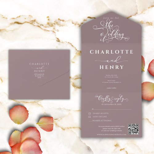 Minimalist Elegant Hazy Purple QR Code Wedding All In One Invitation